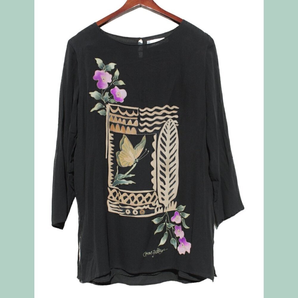 Vintage Carol Patterson 100% Silk women Black top flowers & butterfly Size M